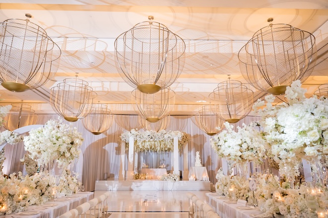 White florals and decor decorate the ballroom at the Thompson Houston. 
