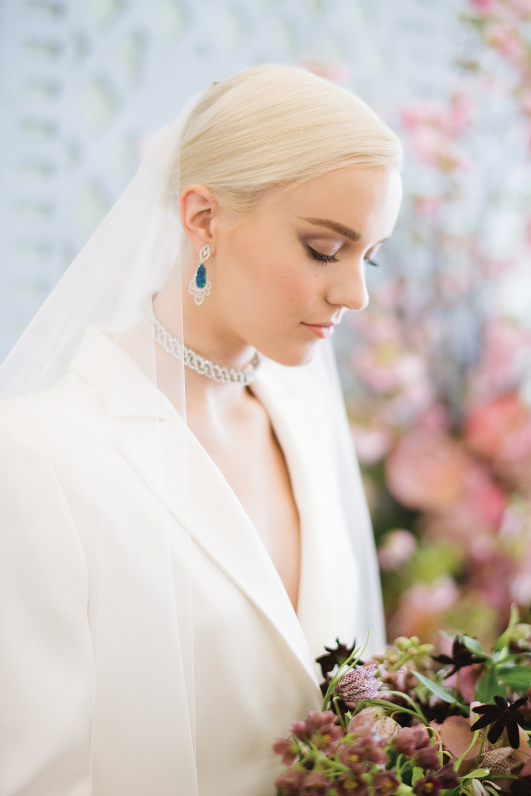 wedding inspiration, spring, white blazer, non-traditional, blue sapphire earrings, veil