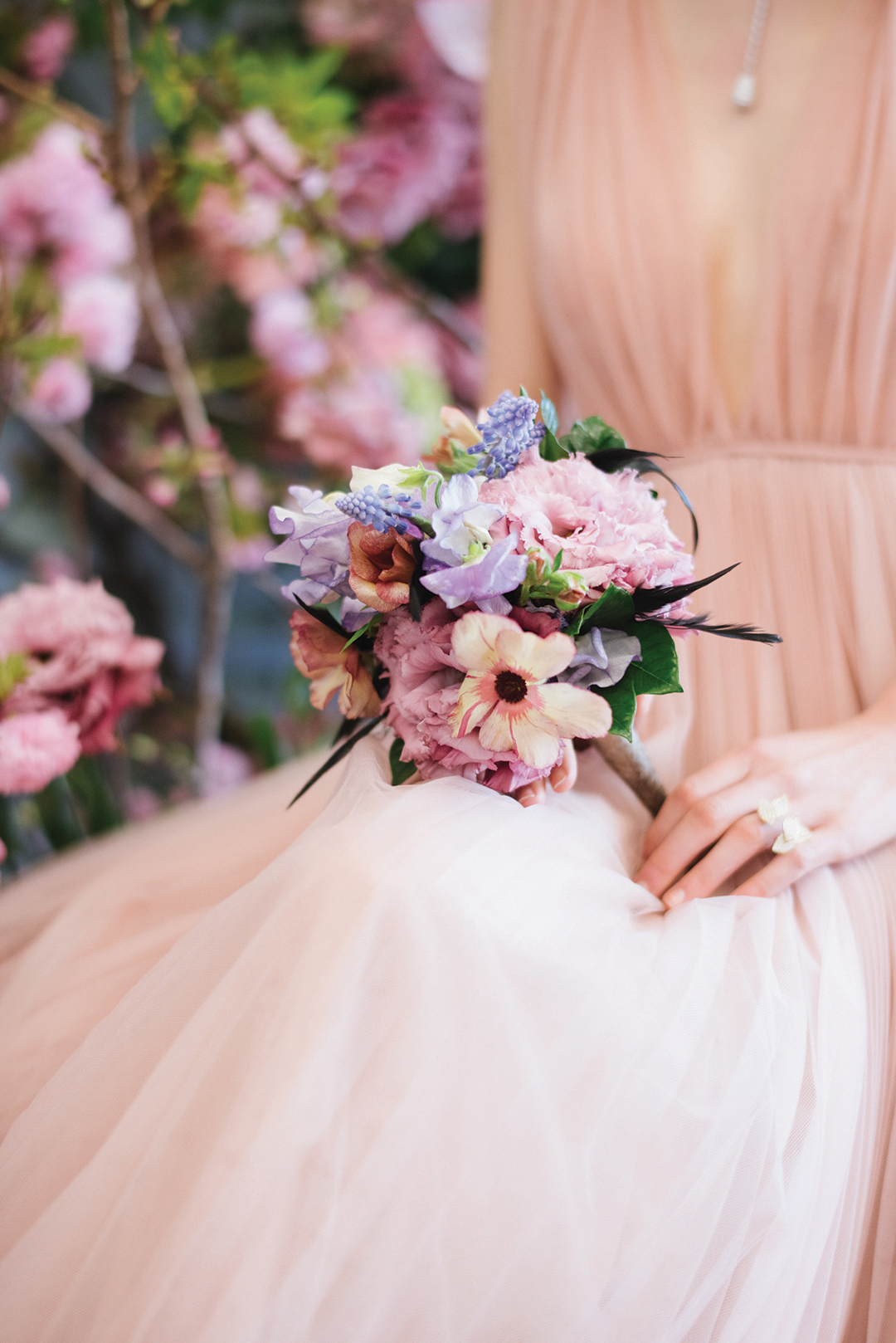 wedding inspiration, spring bouquet, small bouquet, pink wedding dress, wedding inspiraton