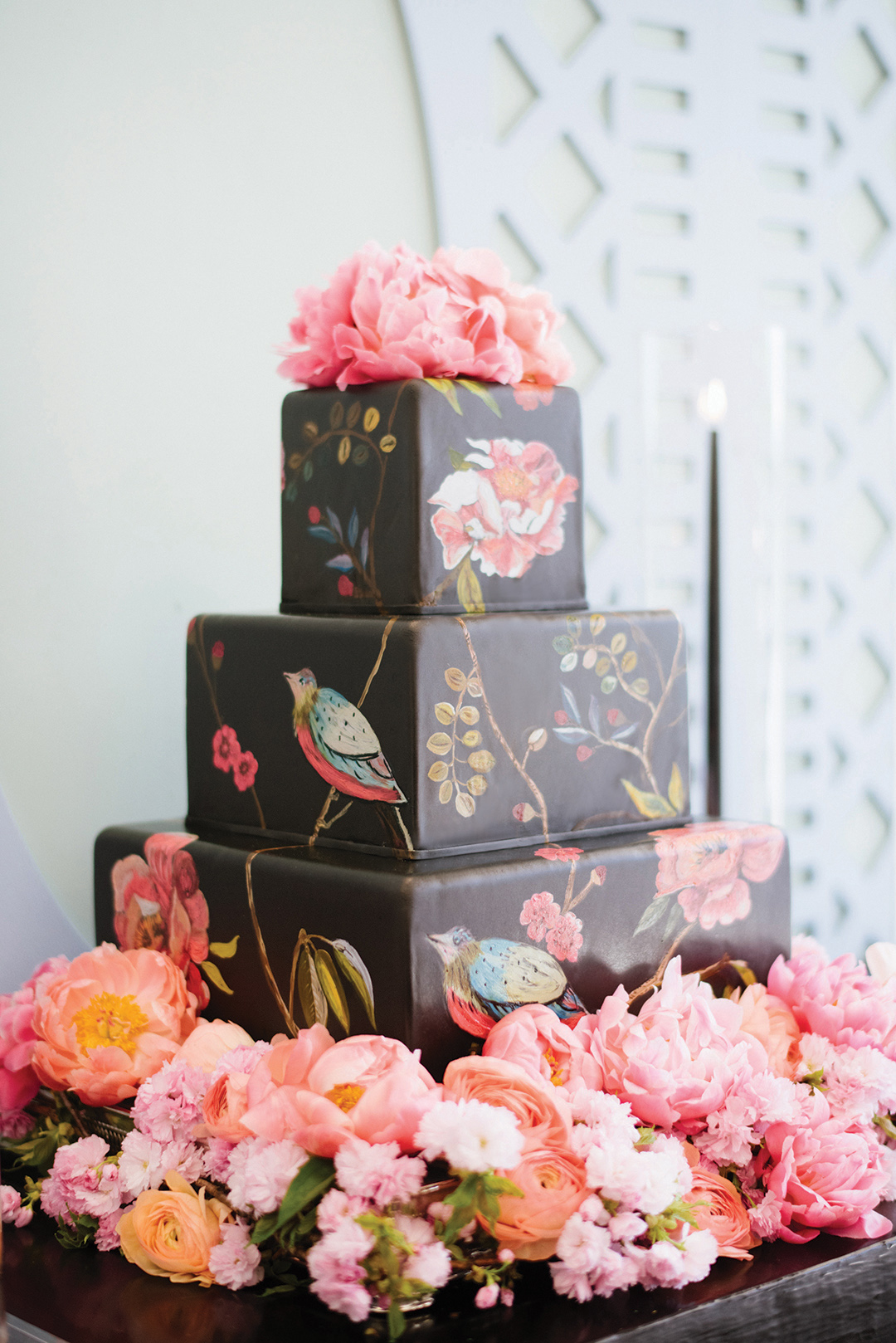 susie's cakes & confections, black cake, painted design, pink flowers, coral, gourmet cake