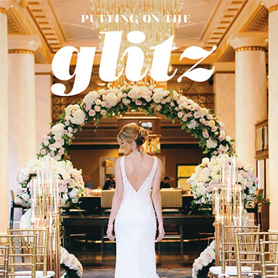 A white and gold modern-meets-vintage hotel wedding shoot at Hotel Icon