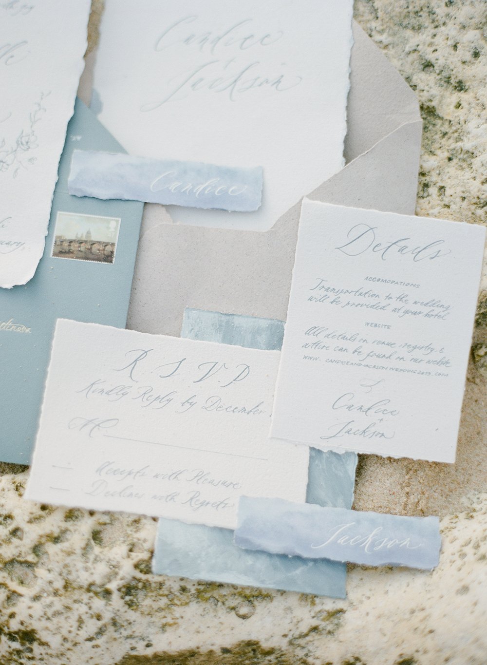 blue and white invitations, stationery, flatlay