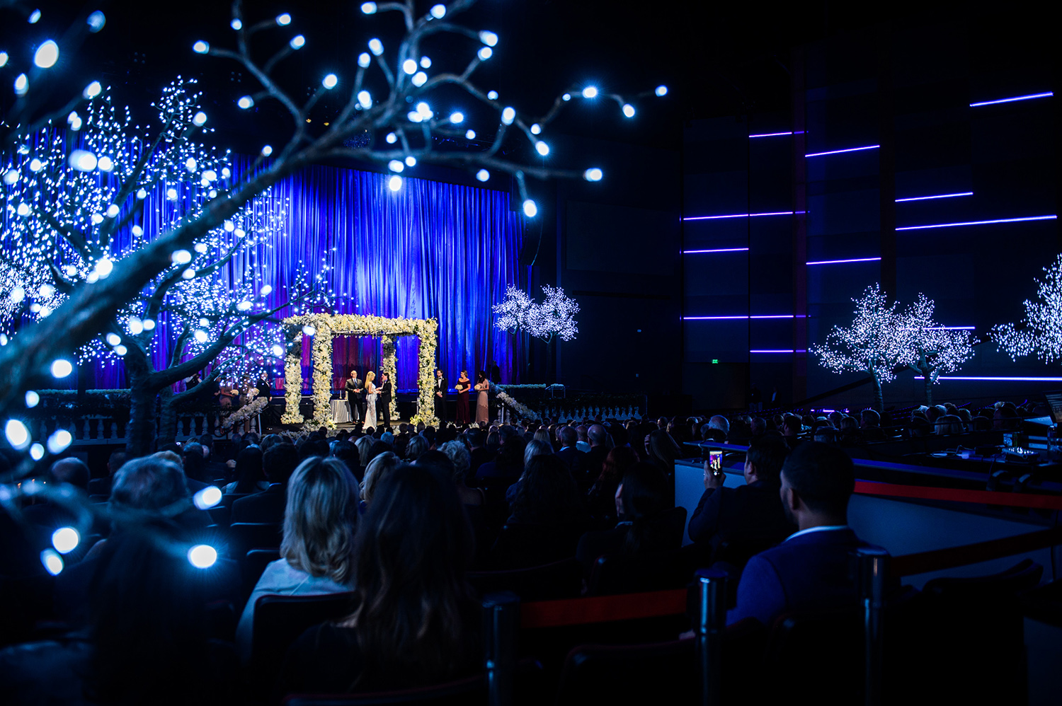 wedding ceremony - blue lighting - floral structure