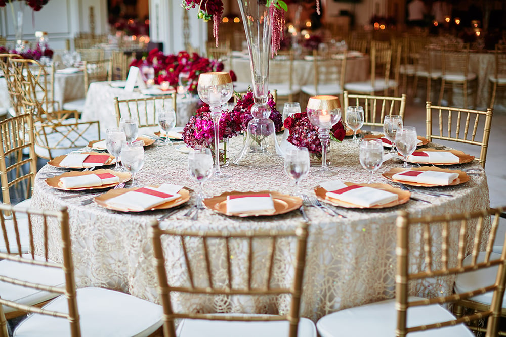 reception, decor, tables, centerpieces, Burgundy, Ivory, gold, wedding