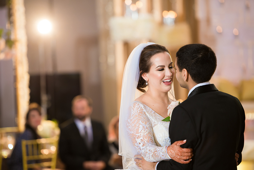 couple dancing at hotel wedding, gold, white, hotel ballroom