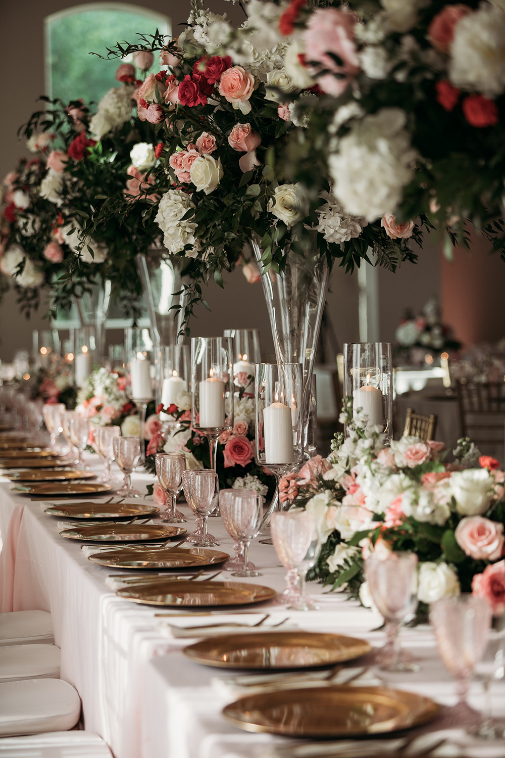 wedding reception decor - floral centerpieces - gold - pink