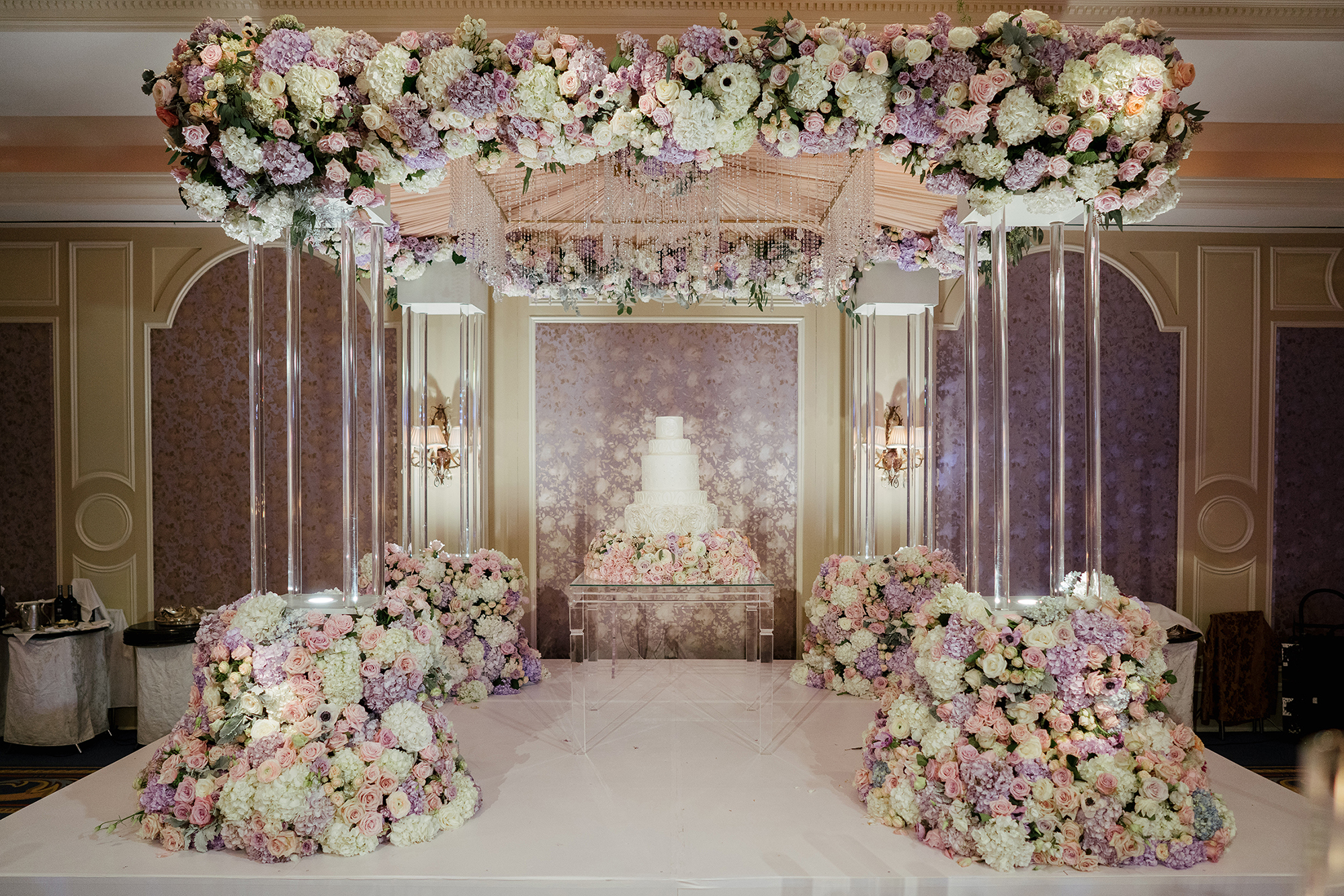 wedding cake, cake display, wedding decor, wedding inspiration, purple, pink, white, floral canopy