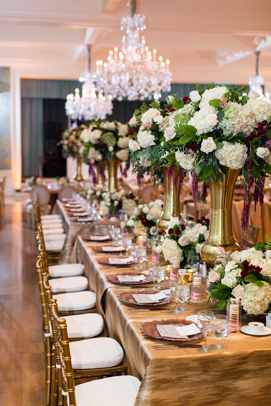 Houston wedding, reception decor, wedding inspiration, gold, wine, cream floral centerpieces