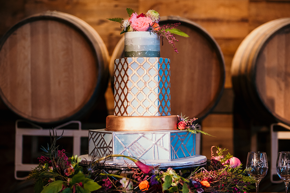 wedding cake houston, cakes by gina, blue and gold cake