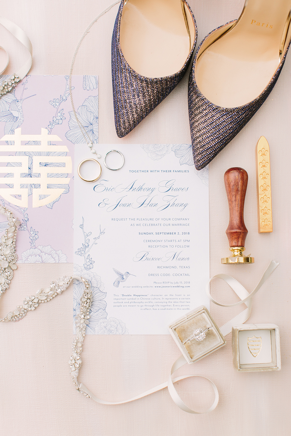 flatlay - wedding invitations - stationary - wedding crest - chinese symbol 