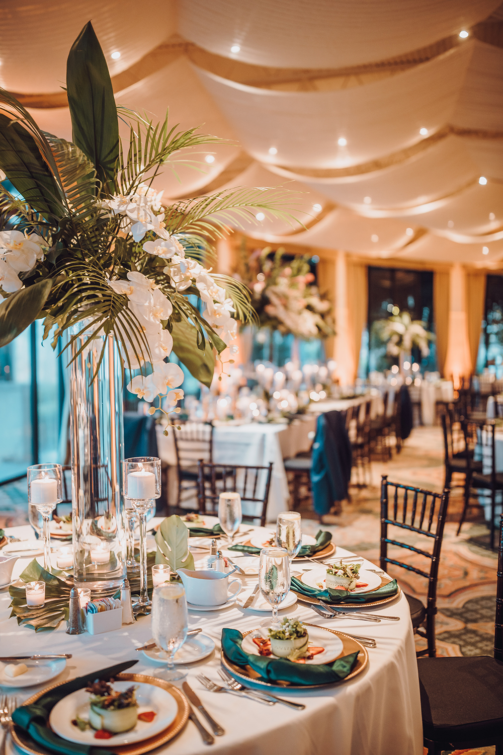 wedding reception decor - tropical - foliage - florals