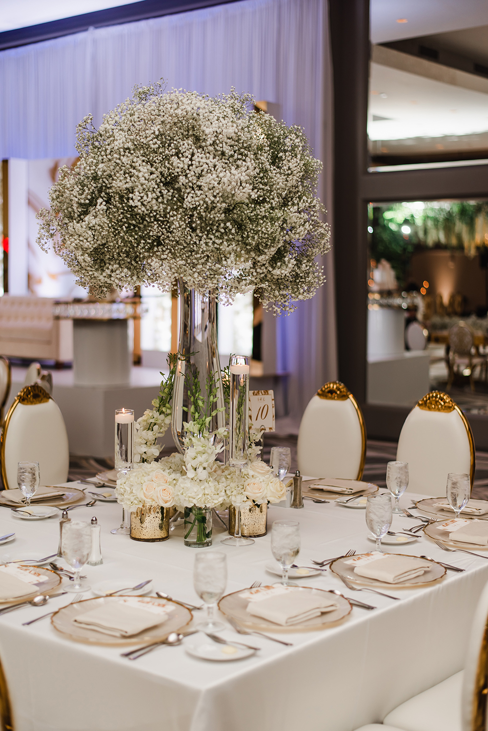 wedding reception decor - floral centerpiece - gold - marble