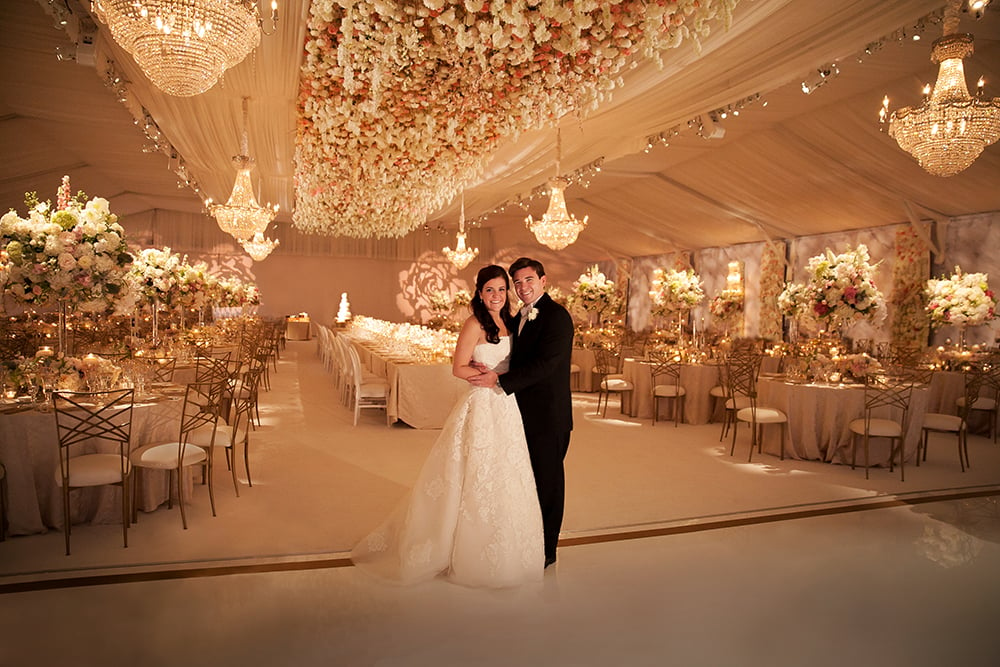 houston wedding reception with beautiful floral ceiling treatment