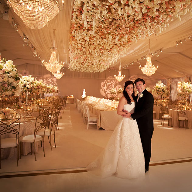 houston wedding reception with beautiful floral ceiling treatment