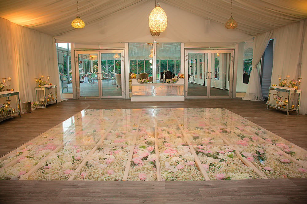 flowers under the dance floor, unique wedding details