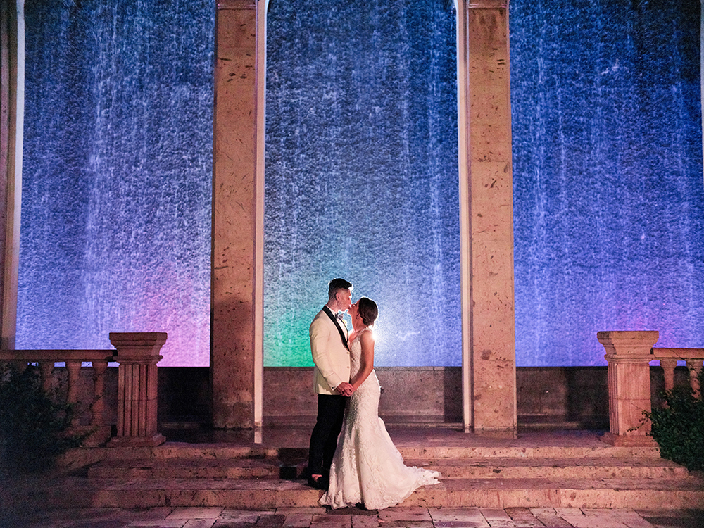 water wall - lights - wedding photography - romantic - nighttime