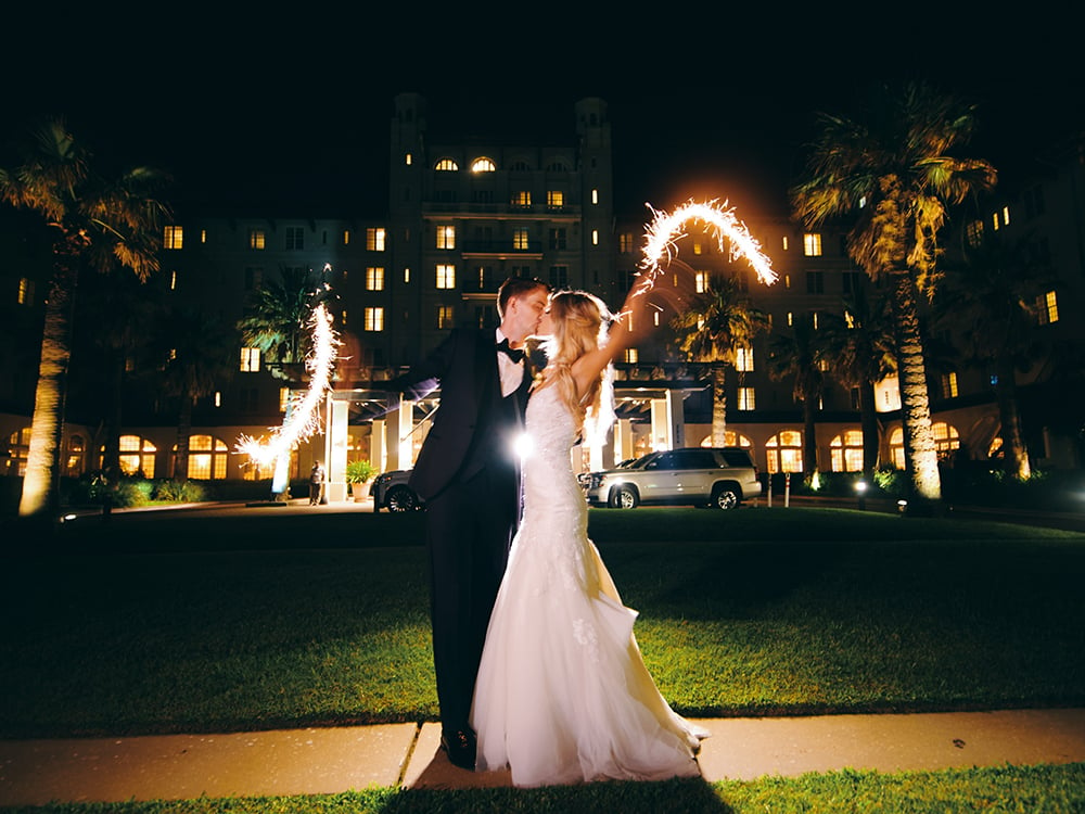  bride - groom - portrait - sparklers - nighttime 