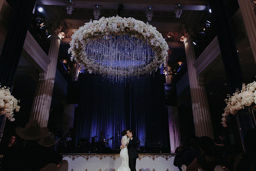 ceiling, hoop, floral, hanging, chandelier, dance, tall