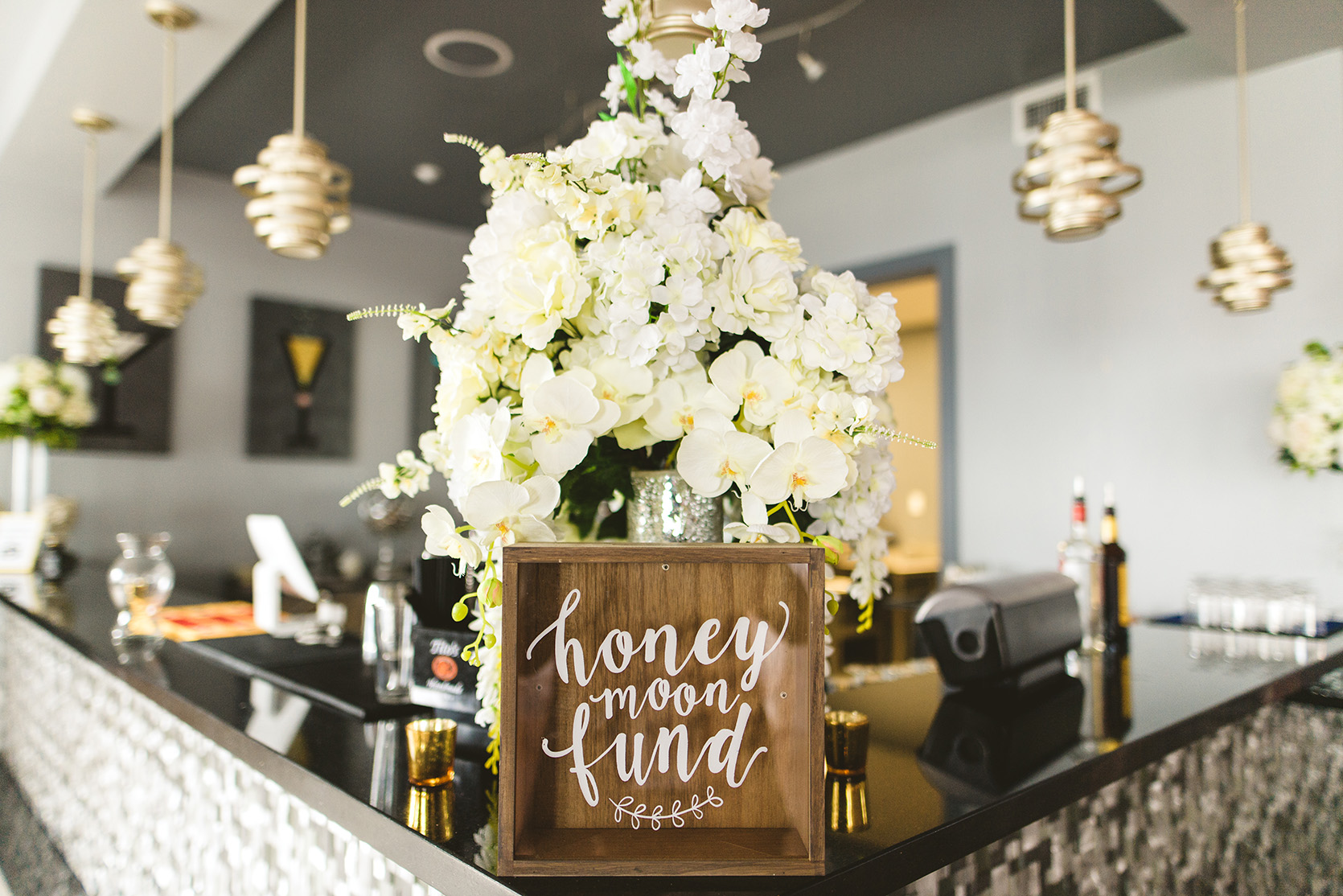 houston wedding, bar decor, honeymoon fund, signs